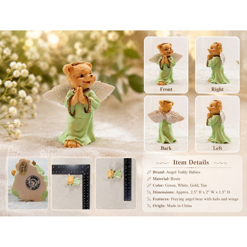 Angel Teddy Babies Praying Bear Figurine Green Robe Miniature Resin Collectible